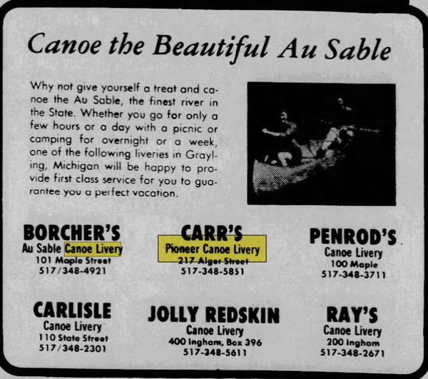 Au Sable Canoe (Carrs Pioneer Canoe Livery) - May 22 1975 Article